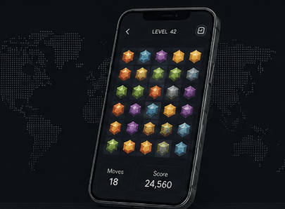 Mobile puzzle game mockup with world map background